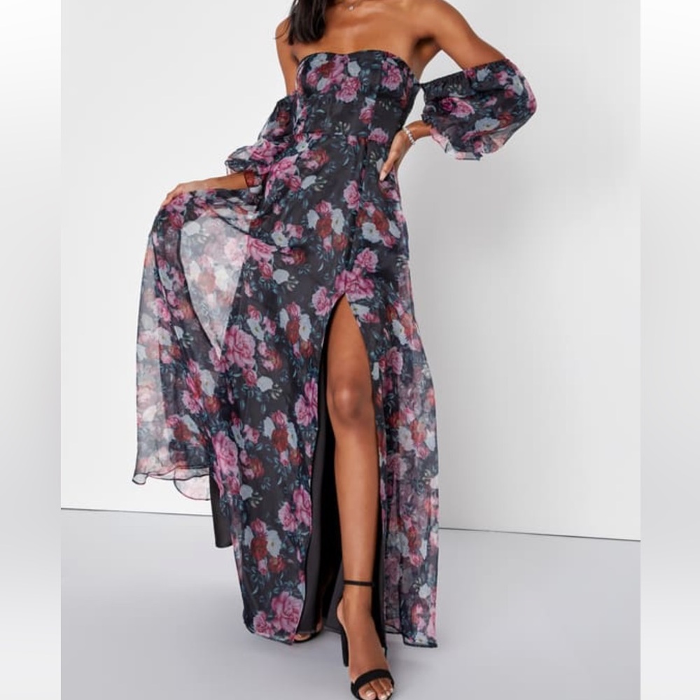 Lulus true excellence black floral bustier off the shoulder maxi dress. Size L.